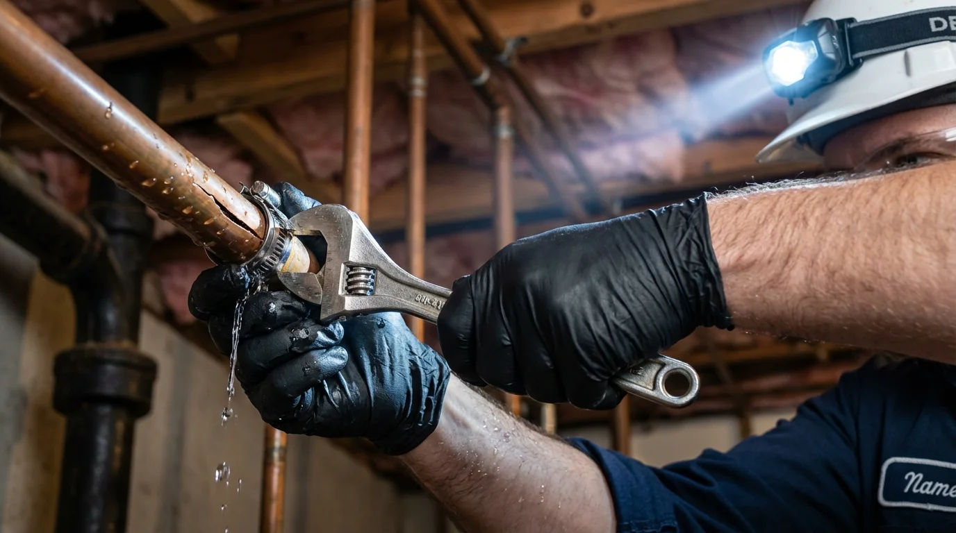 Emergency pipe clamp repair being performed by a Johns Plumbing LLC plumber in Honolulu